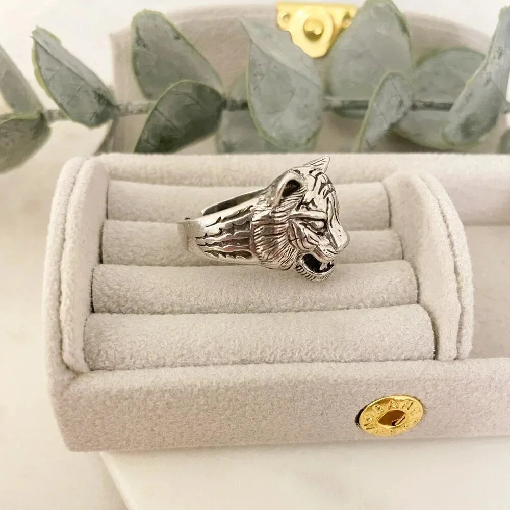 925 Sterling Silver Tiger Ring Unisex Cool Chunky Ring Bold Thick Ring